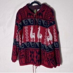 Tejidos Ruminahui Red Alpaca Zip Front Wool Sweater L